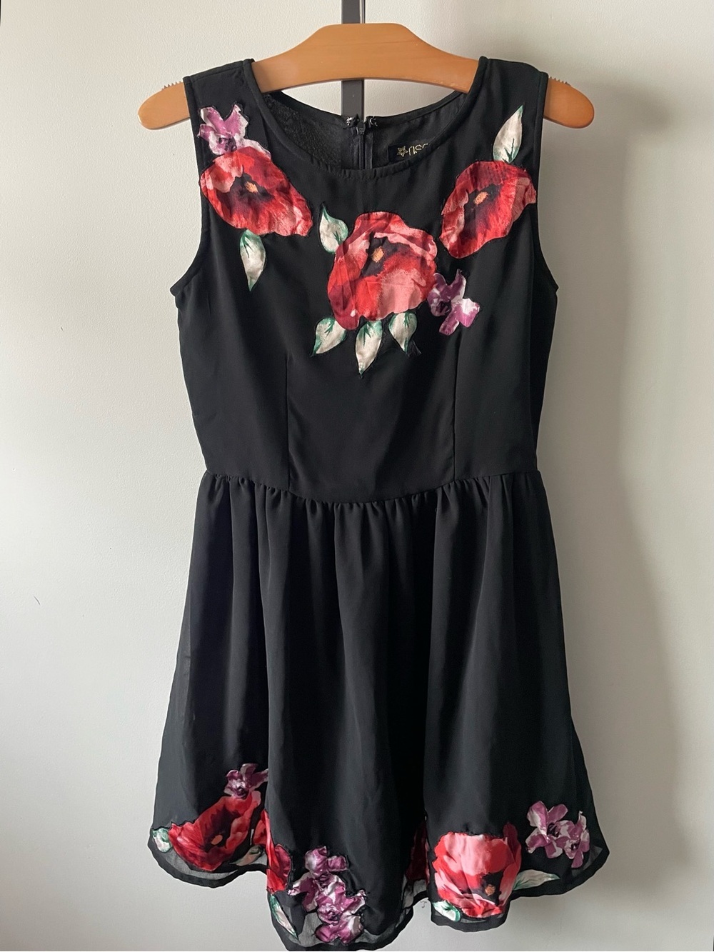 Rise Floral Applique Fit & Flare Skater Cocktail Dress Black Red Chiffon Small